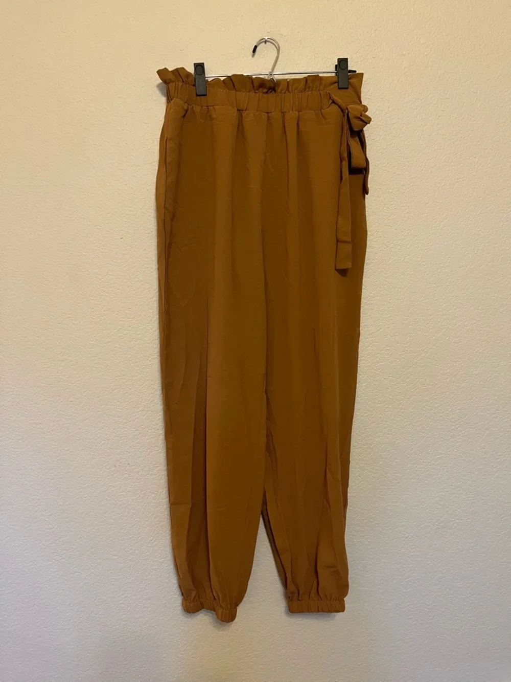 NWT Cupshe Brown Elastic Pants Side Bow-Knot Tie Tapered Legs Size Large